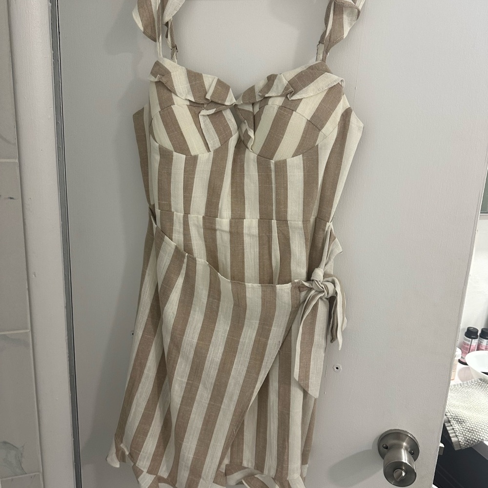 beige and white stripe dress